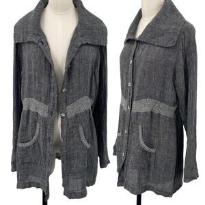 Fenini Linen Jacket Button Down Wide Collared Longline Pockets Grey Womens XS